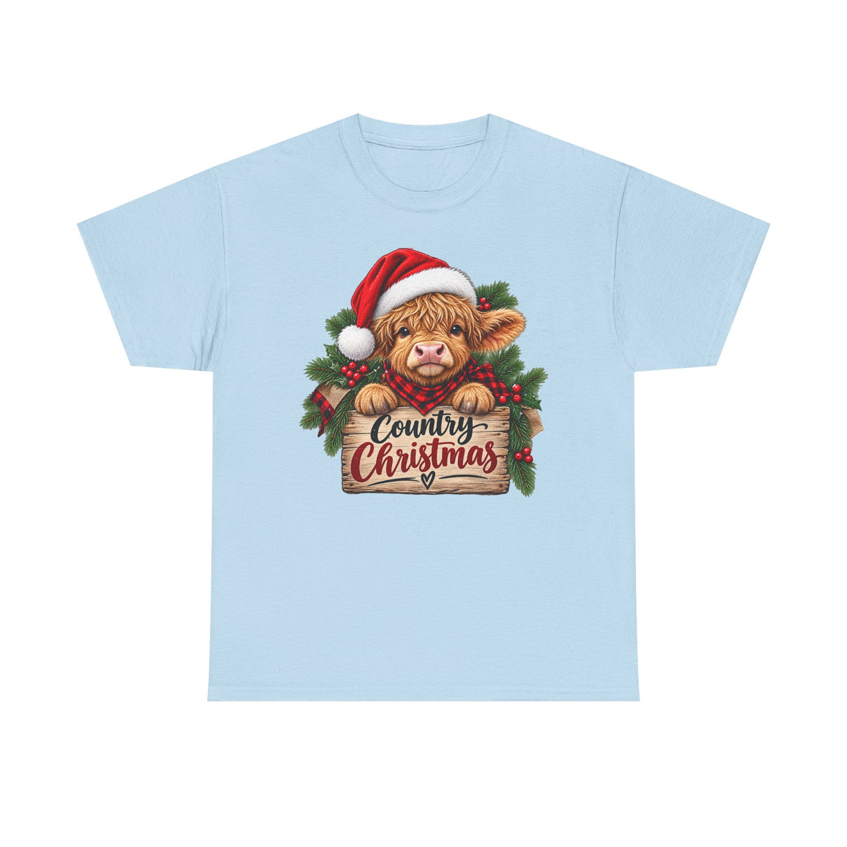 Country Christmas Cow T-Shirt — Cute Highland Calf Santa Holiday Tee