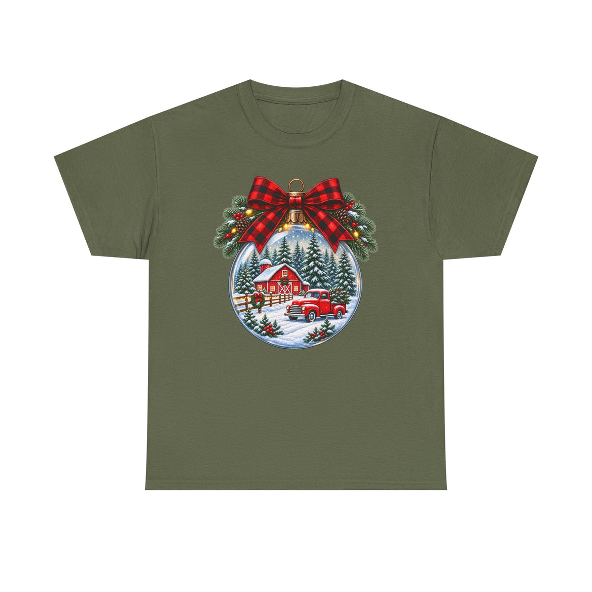 Christmas Ornament Scene T-Shirt — Vintage Red Truck & Snowy Cabin Holiday Tee