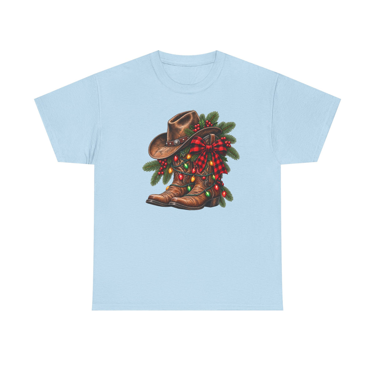 Western Christmas Tee — Cowboy Boot & Hat Holiday Design