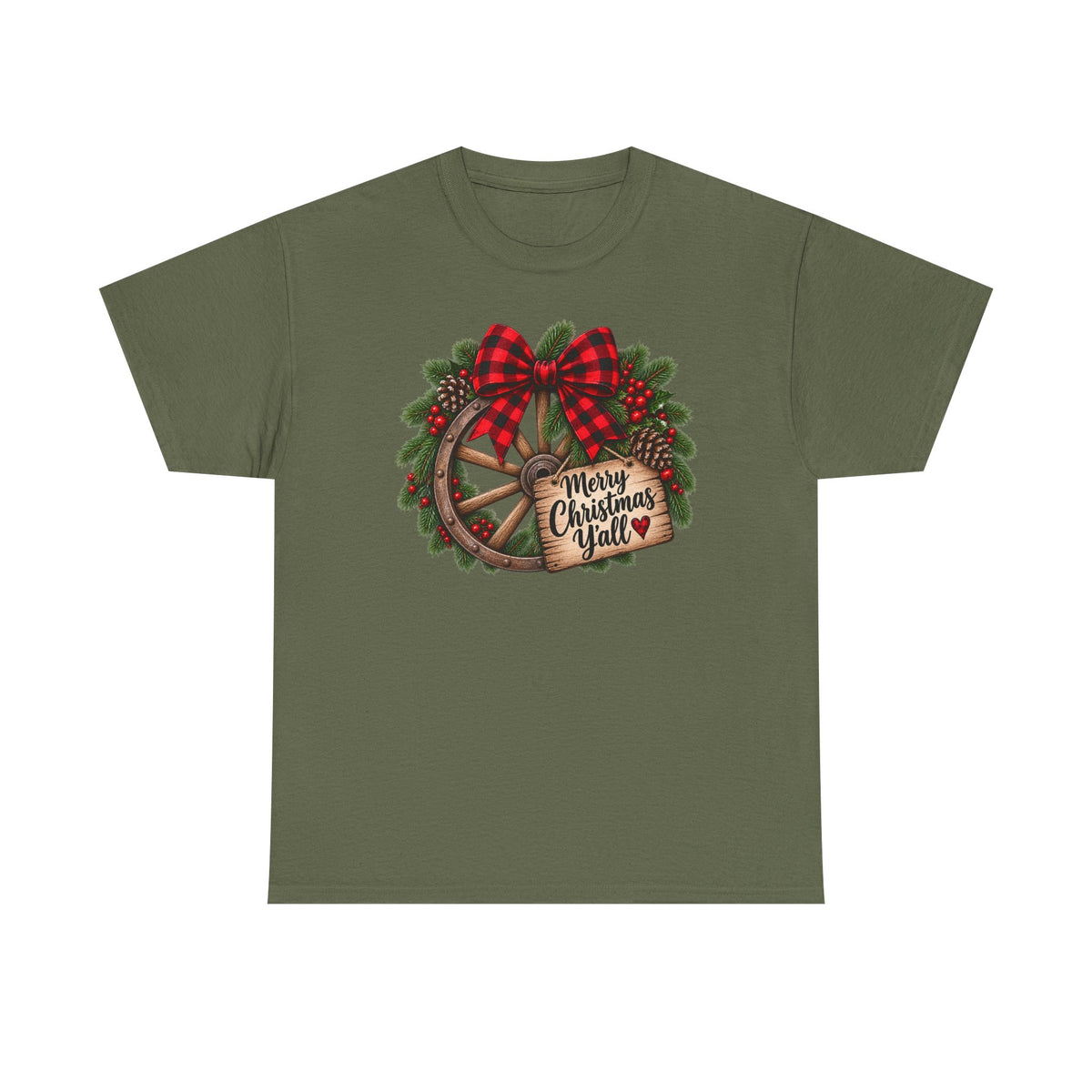 Christmas Wagon Wheel Tee — “Merry Christmas Y’all” Plaid Wreath Holiday Shirt