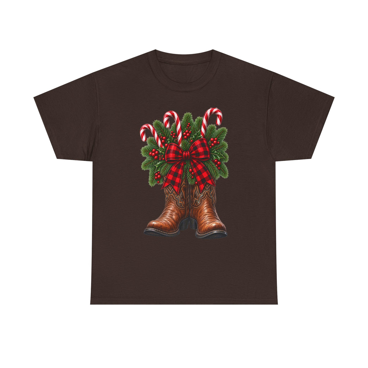 Cowboy Boots Christmas Tee — Holiday Cowboy Boots with Candy Canes & Wreath
