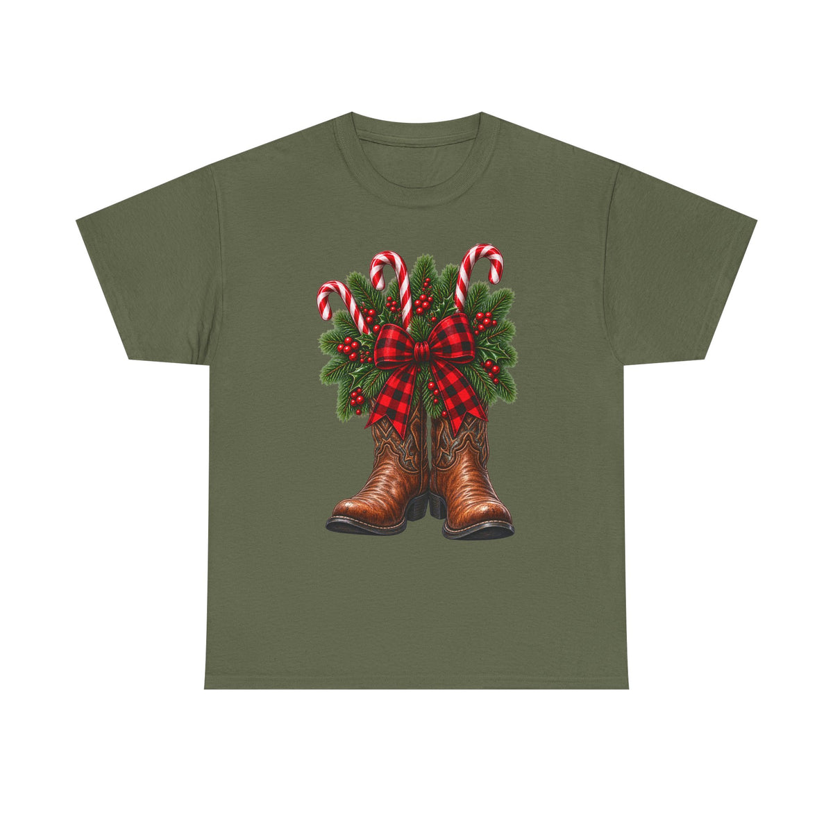 Cowboy Boots Christmas Tee — Holiday Cowboy Boots with Candy Canes & Wreath