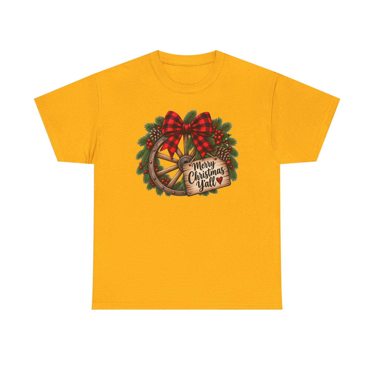 Christmas Wagon Wheel Tee — “Merry Christmas Y’all” Plaid Wreath Holiday Shirt