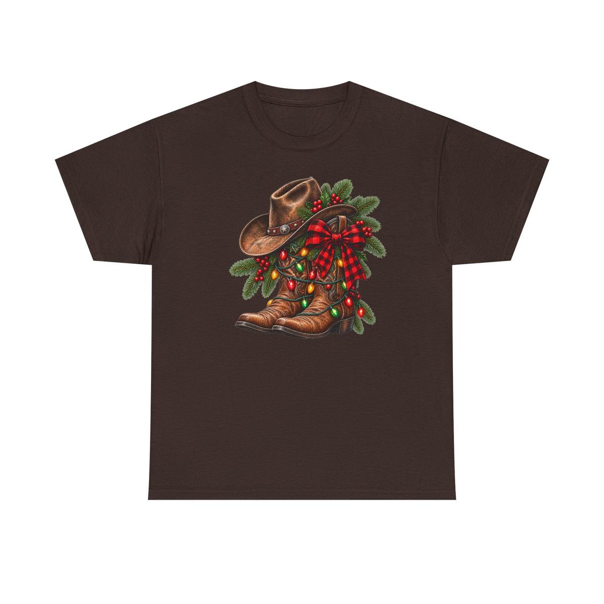 Western Christmas Tee — Cowboy Boot & Hat Holiday Design