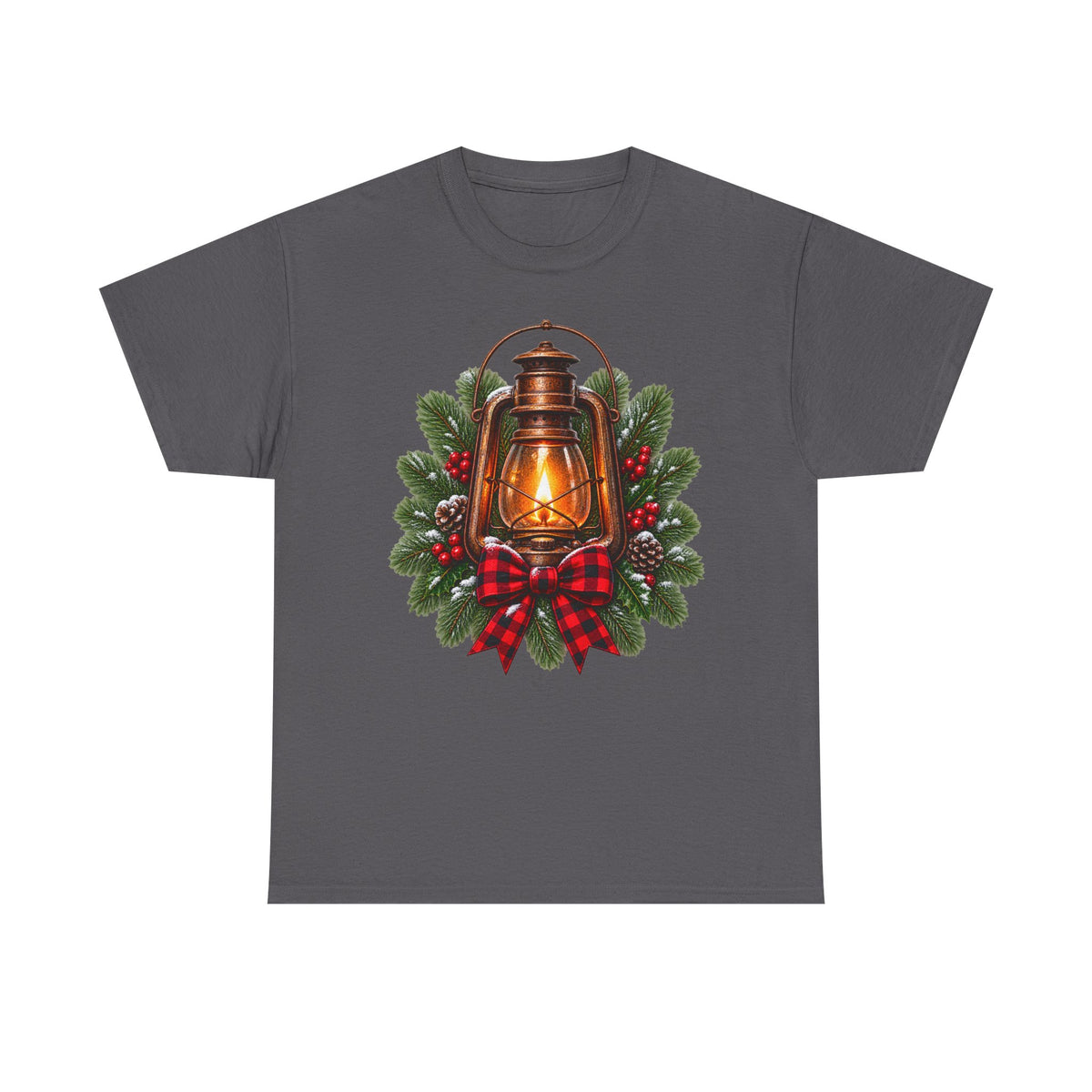 Lantern & Pine Wreath Tee — Rustic Christmas Holiday T-Shirt