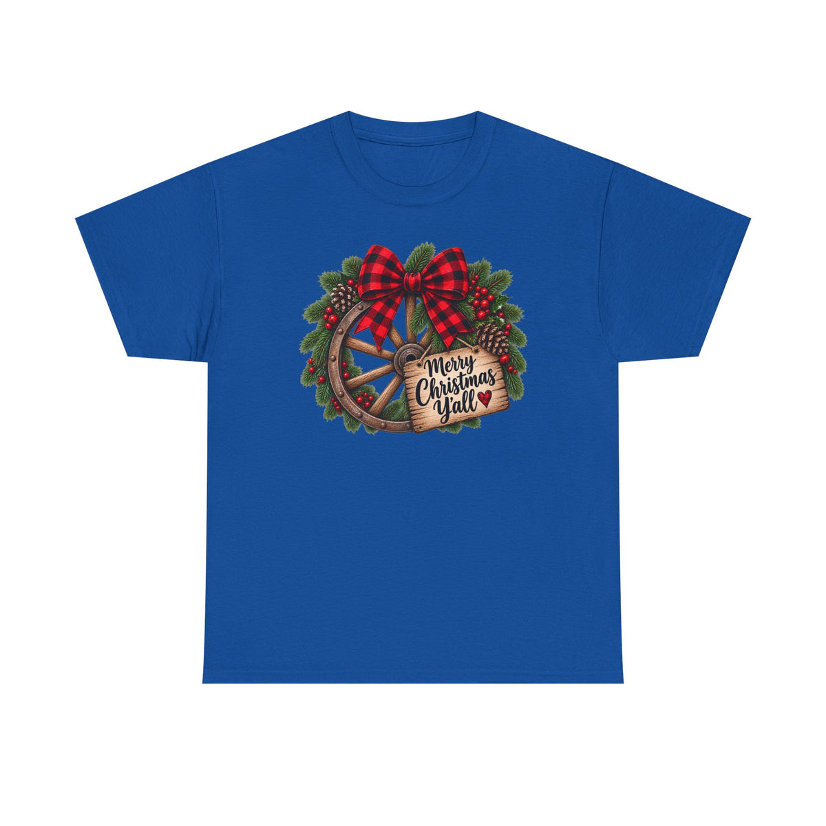 Christmas Wagon Wheel Tee — “Merry Christmas Y’all” Plaid Wreath Holiday Shirt
