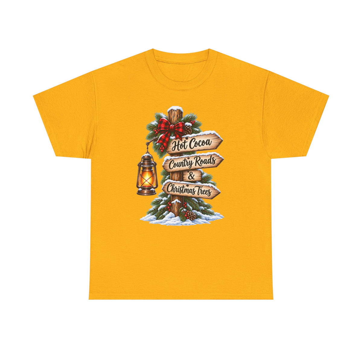 Christmas Signpost T-Shirt — “Hot Cocoa, Country Roads & Christmas Trees” Holiday Tee