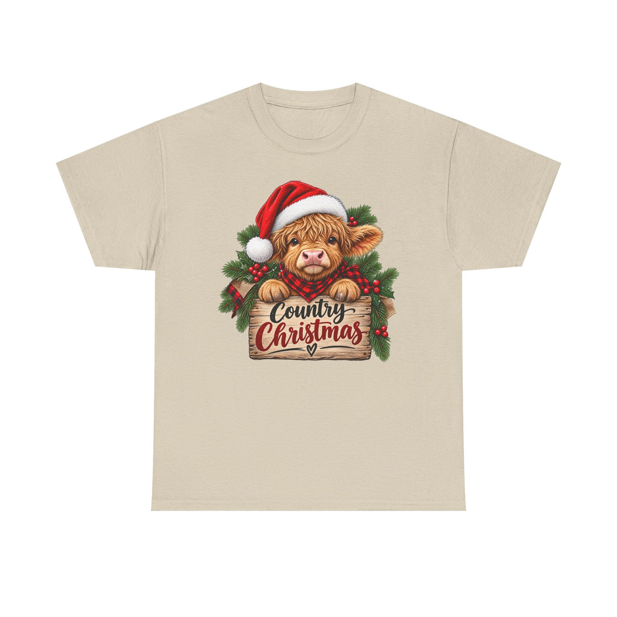 Country Christmas Cow T-Shirt — Cute Highland Calf Santa Holiday Tee