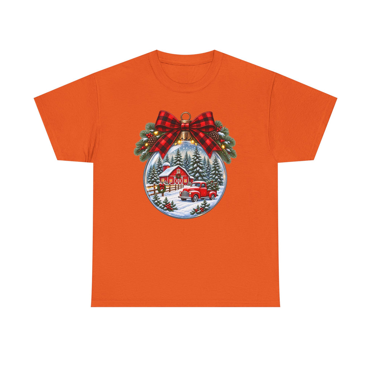 Christmas Ornament Scene T-Shirt — Vintage Red Truck & Snowy Cabin Holiday Tee