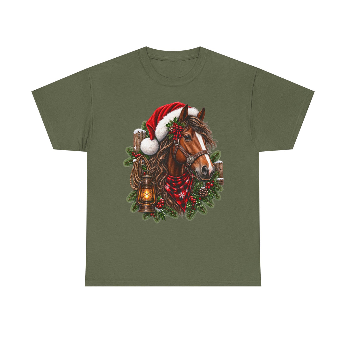 Christmas Horse T-Shirt — Holiday Santa Hat & Lantern Equestrian Tee