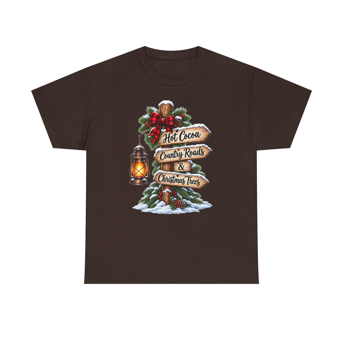 Christmas Signpost T-Shirt — “Hot Cocoa, Country Roads & Christmas Trees” Holiday Tee