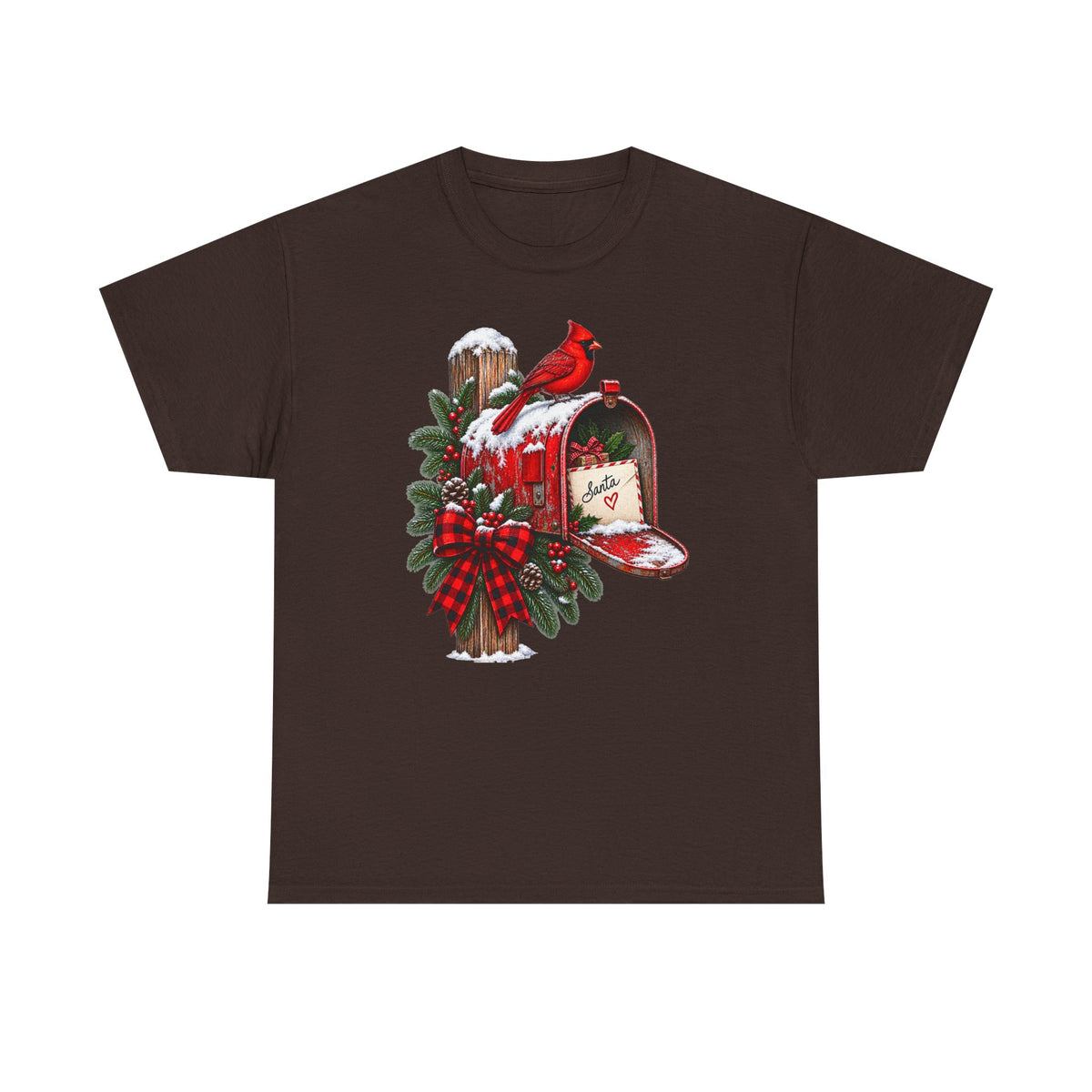 Christmas Cardinal Mailbox T-Shirt — Holiday Wreath & Red Cardinal Tee
