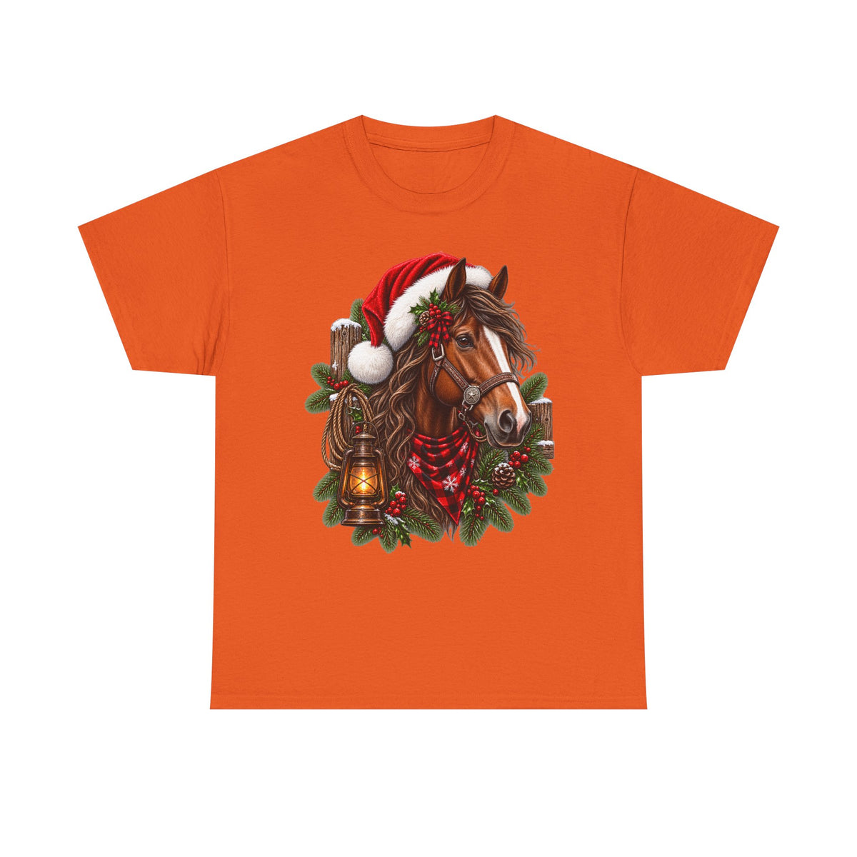 Christmas Horse T-Shirt — Holiday Santa Hat & Lantern Equestrian Tee