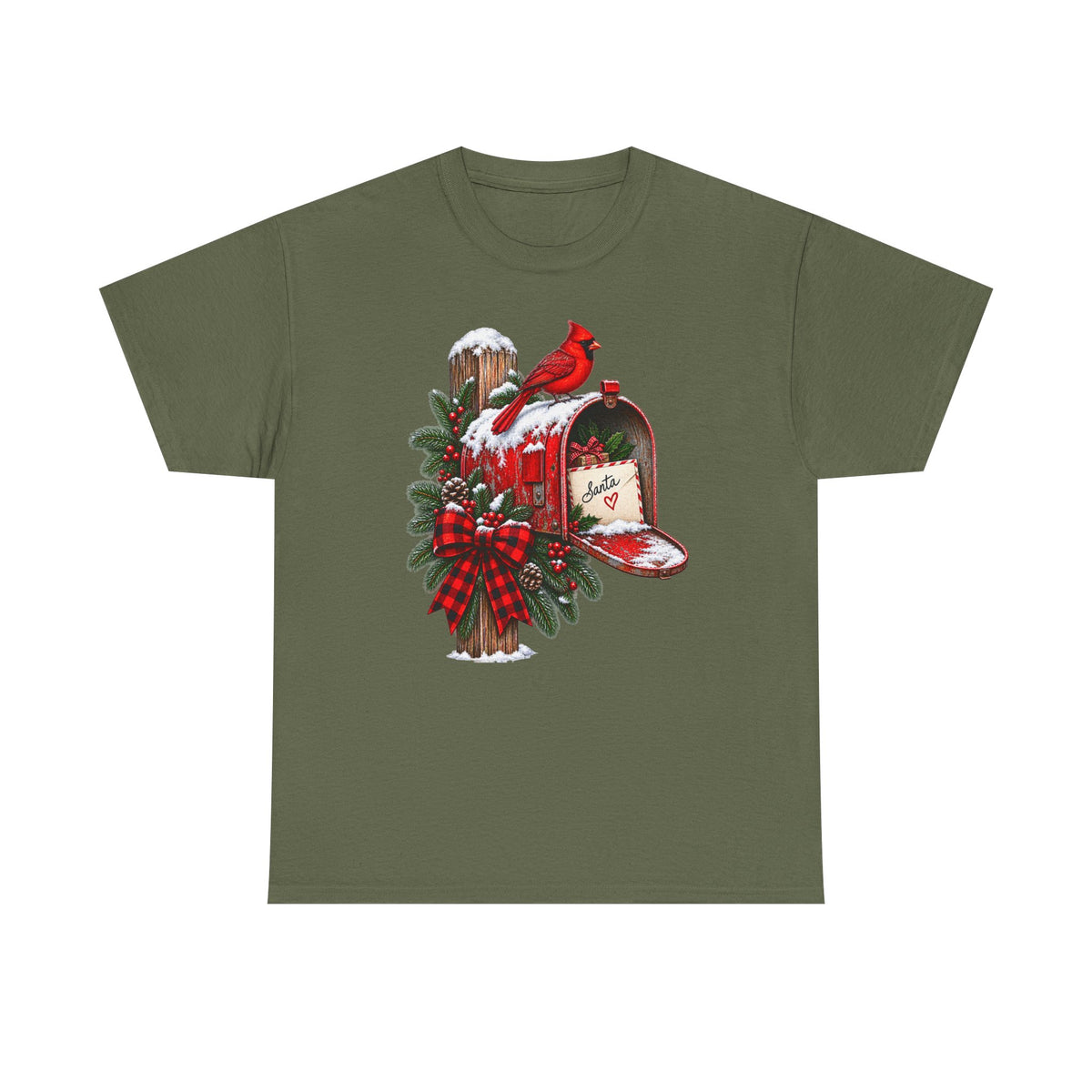 Christmas Cardinal Mailbox T-Shirt — Holiday Wreath & Red Cardinal Tee