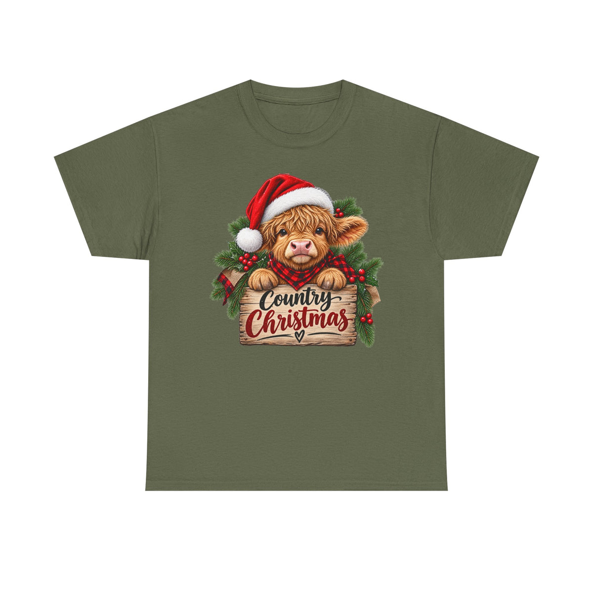 Country Christmas Cow T-Shirt — Cute Highland Calf Santa Holiday Tee