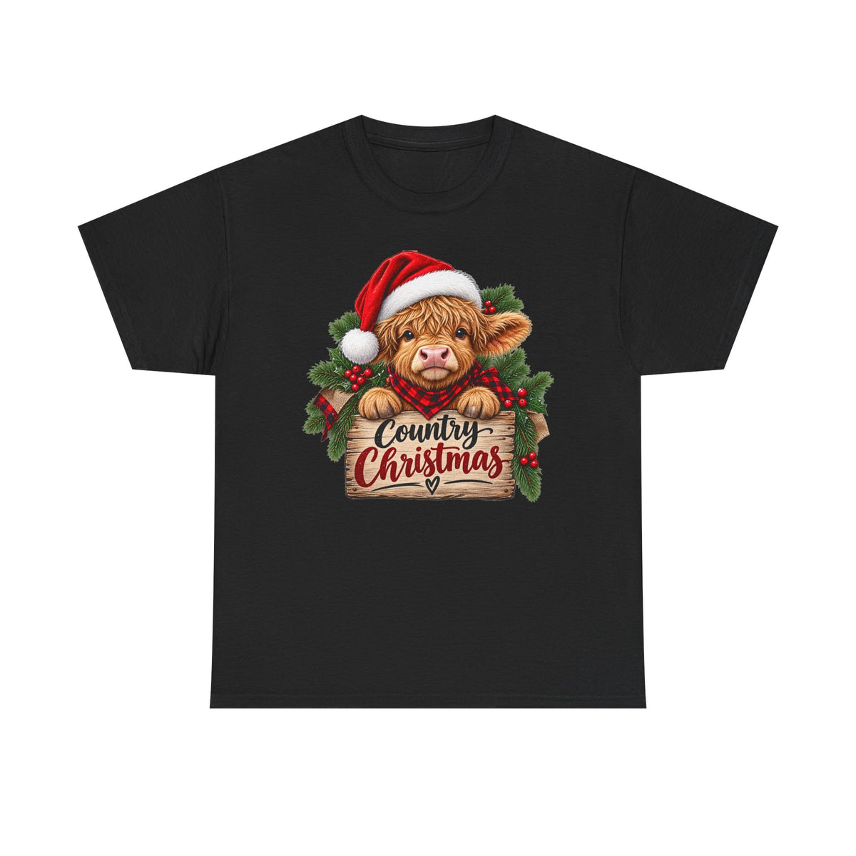 Country Christmas Cow T-Shirt — Cute Highland Calf Santa Holiday Tee