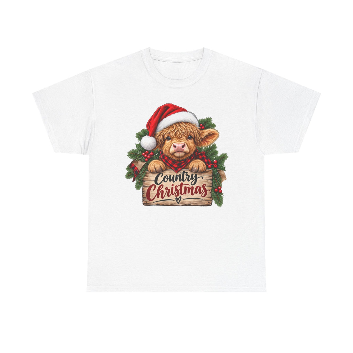 Country Christmas Cow T-Shirt — Cute Highland Calf Santa Holiday Tee