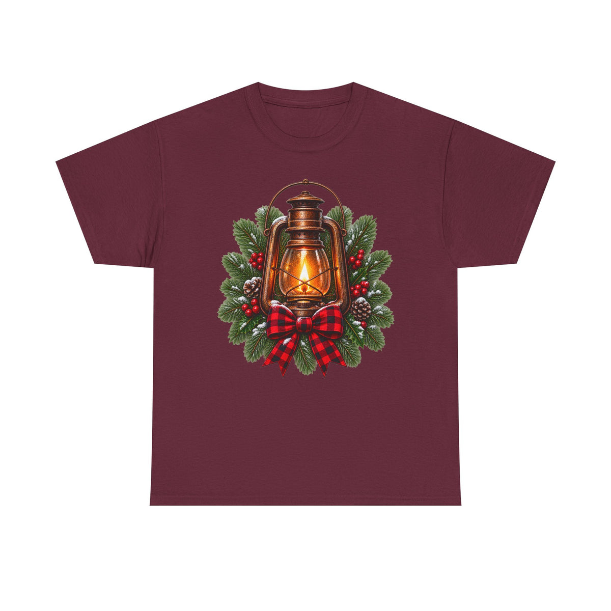 Lantern & Pine Wreath Tee — Rustic Christmas Holiday T-Shirt