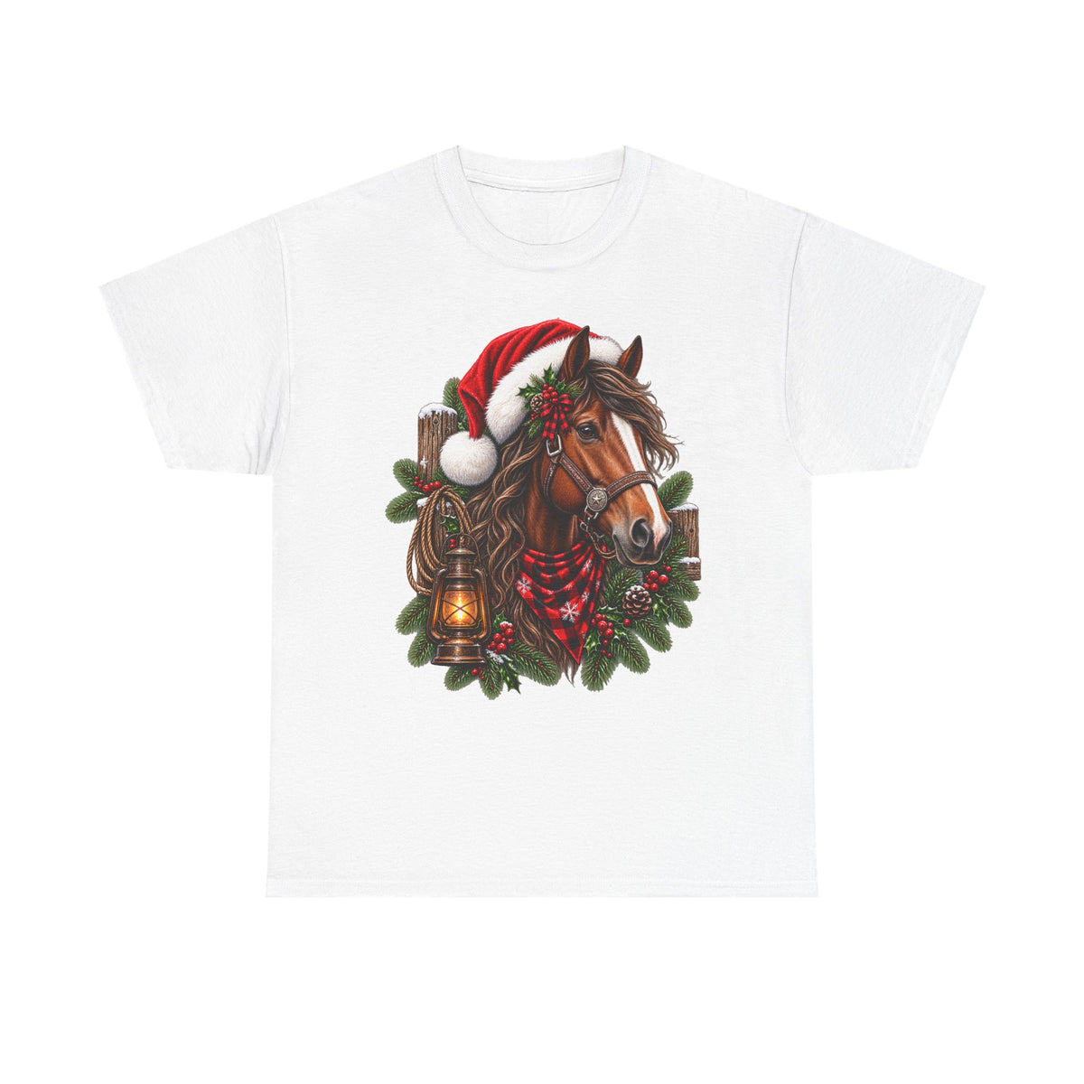 Christmas Horse T-Shirt — Holiday Santa Hat & Lantern Equestrian Tee