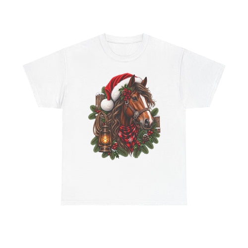 Christmas Horse T-Shirt — Holiday Santa Hat & Lantern Equestrian Tee