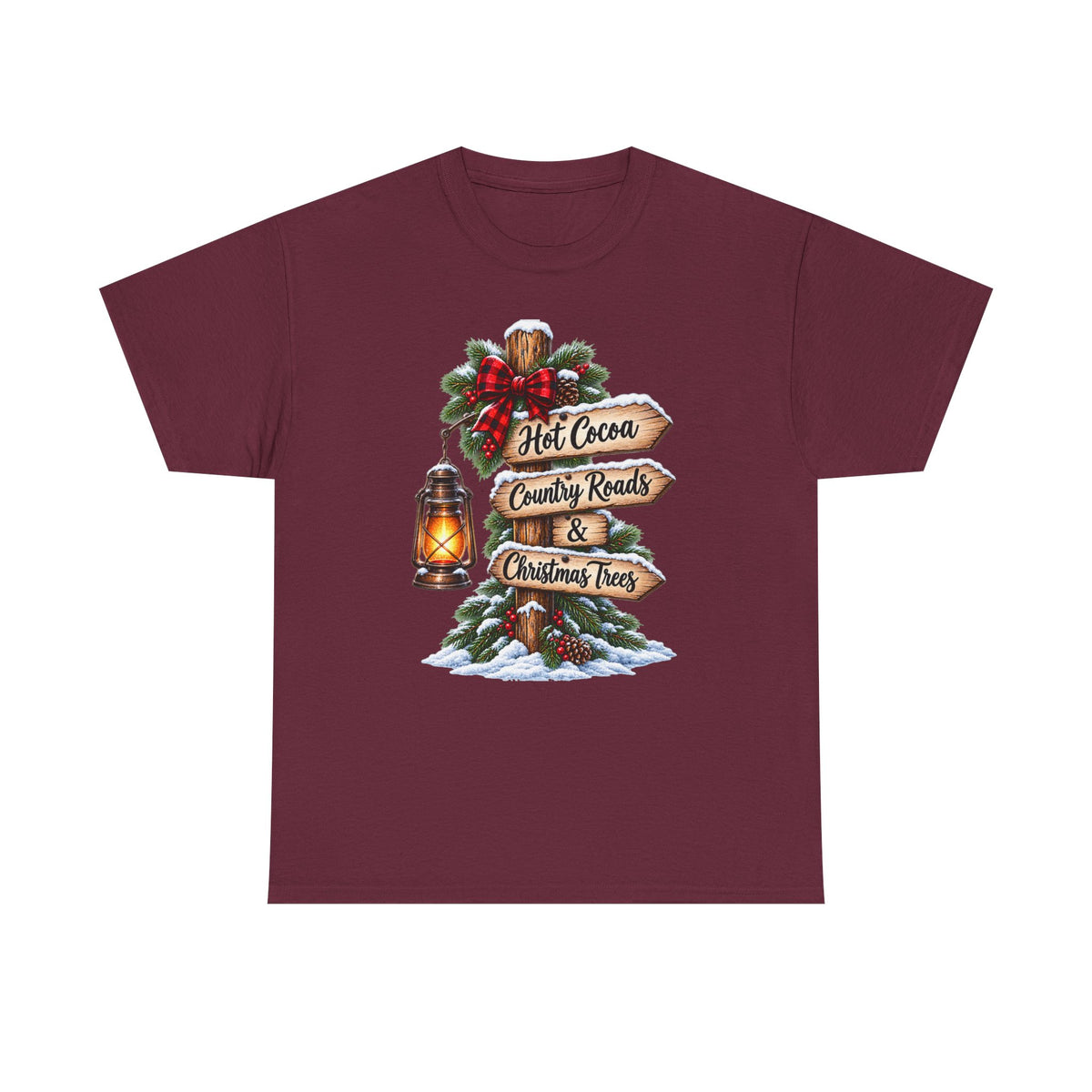 Christmas Signpost T-Shirt — “Hot Cocoa, Country Roads & Christmas Trees” Holiday Tee
