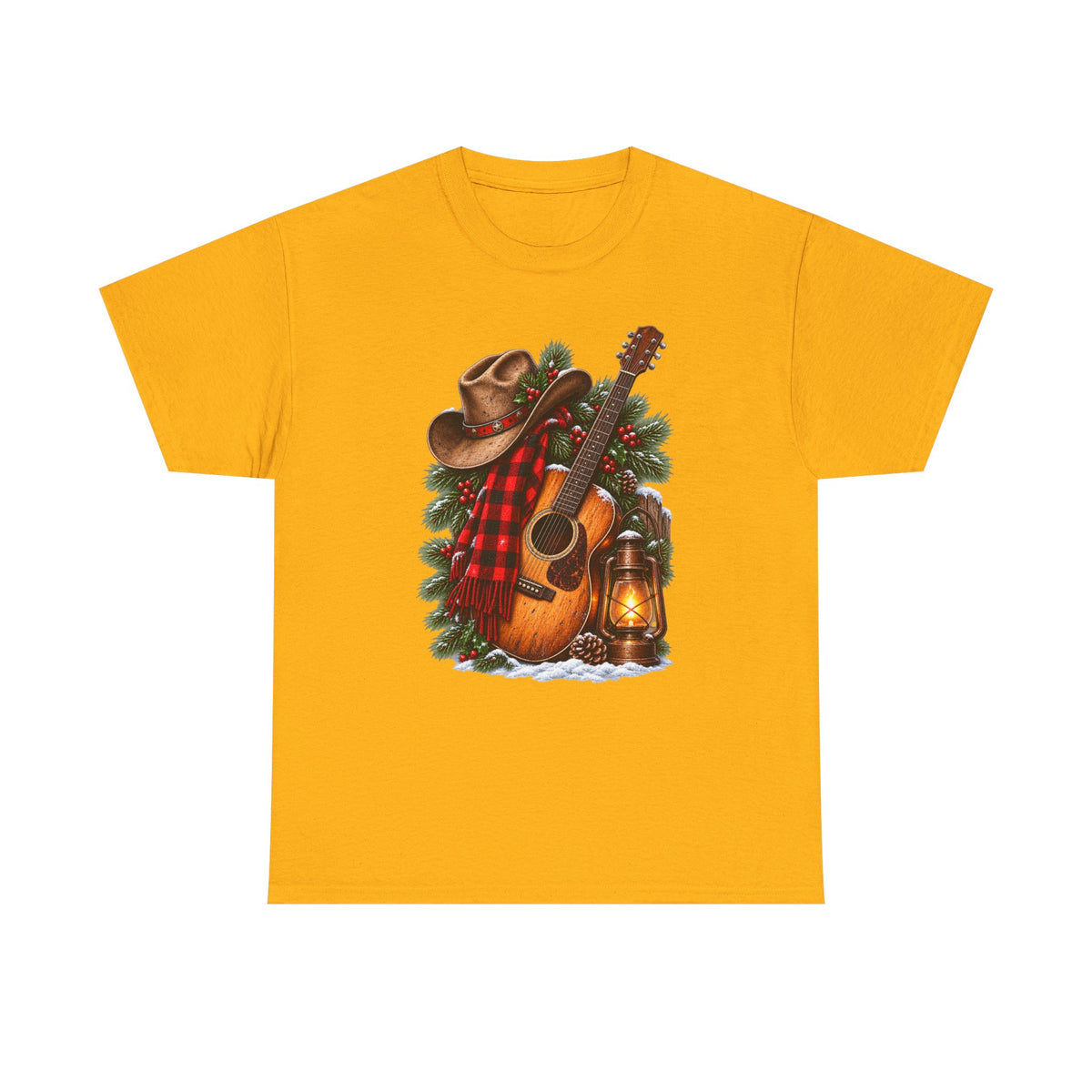 Country Christmas Guitar T‑Shirt — Cowboy Hat, Plaid & Lantern Holiday Tee