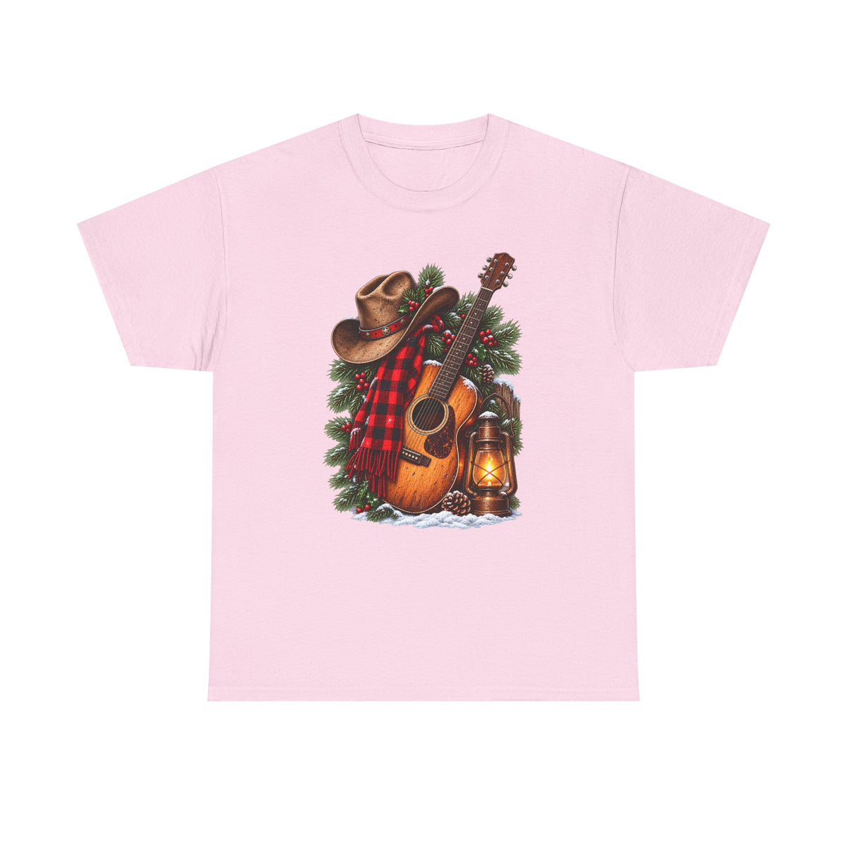 Country Christmas Guitar T‑Shirt — Cowboy Hat, Plaid & Lantern Holiday Tee