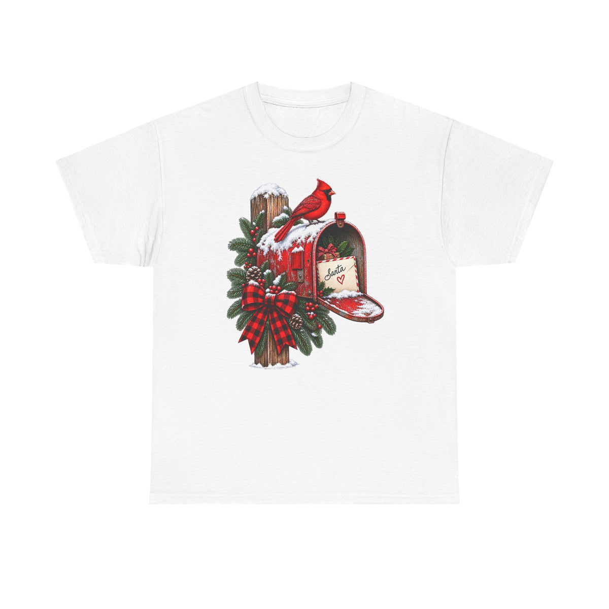Christmas Cardinal Mailbox T-Shirt — Holiday Wreath & Red Cardinal Tee