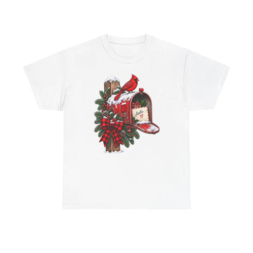 Christmas Cardinal Mailbox T-Shirt — Holiday Wreath & Red Cardinal Tee