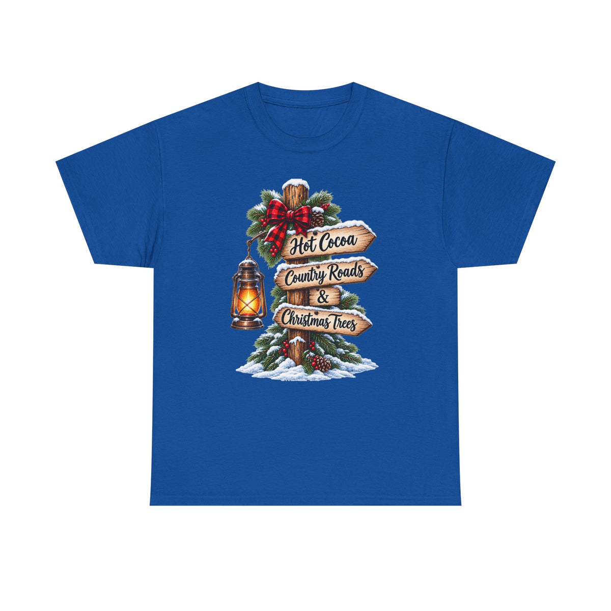 Christmas Signpost T-Shirt — “Hot Cocoa, Country Roads & Christmas Trees” Holiday Tee