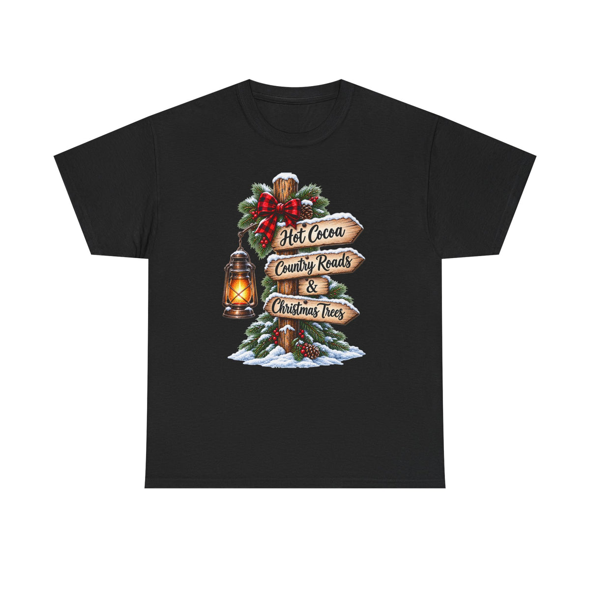 Christmas Signpost T-Shirt — “Hot Cocoa, Country Roads & Christmas Trees” Holiday Tee