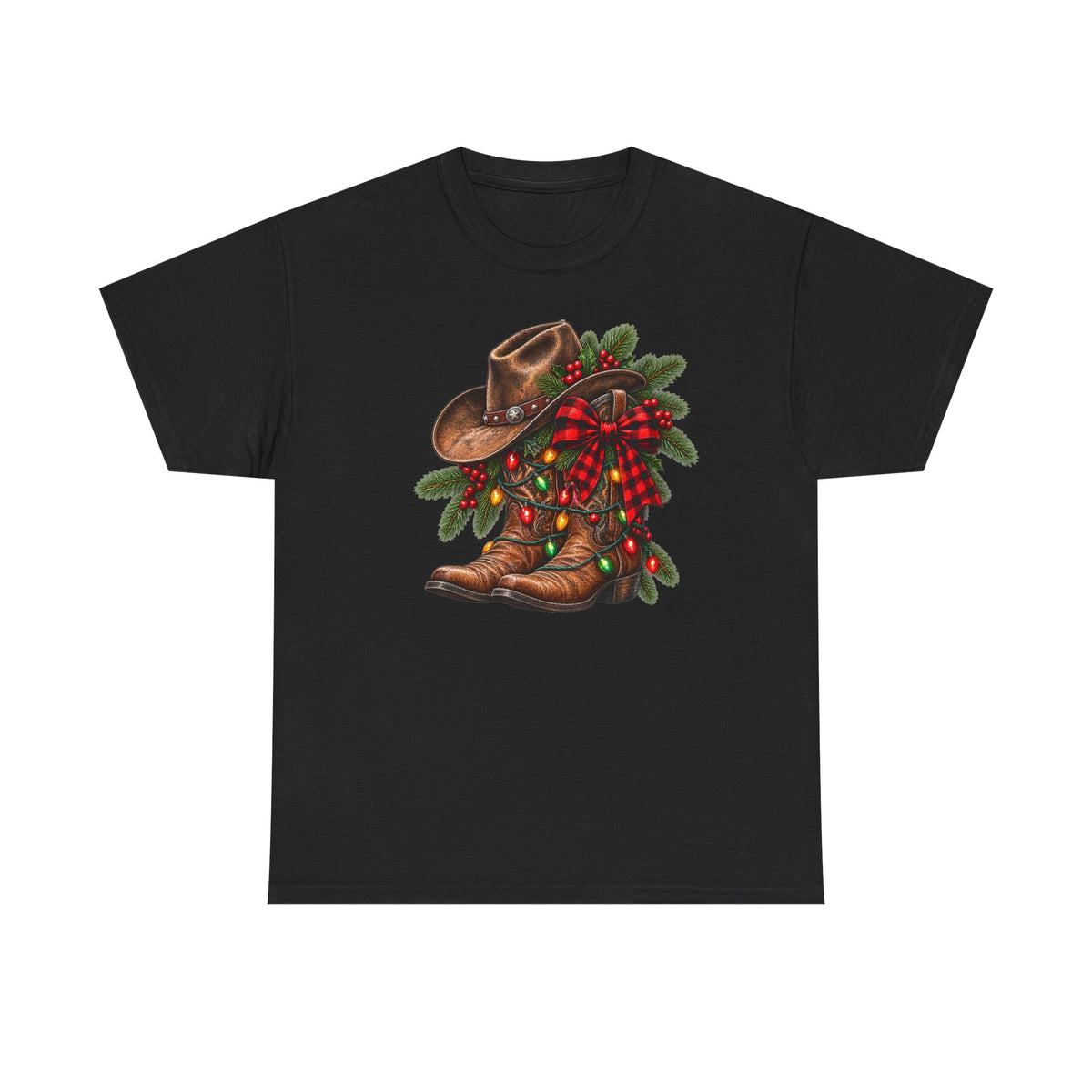 Western Christmas Tee — Cowboy Boot & Hat Holiday Design