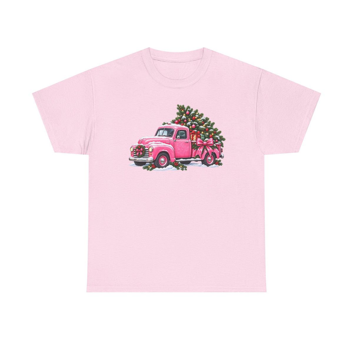 Vintage Pink Truck Christmas Tee — Retro Holiday Tree Shirt