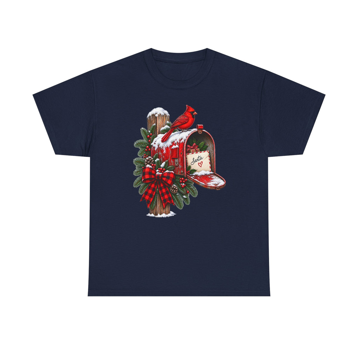 Christmas Cardinal Mailbox T-Shirt — Holiday Wreath & Red Cardinal Tee