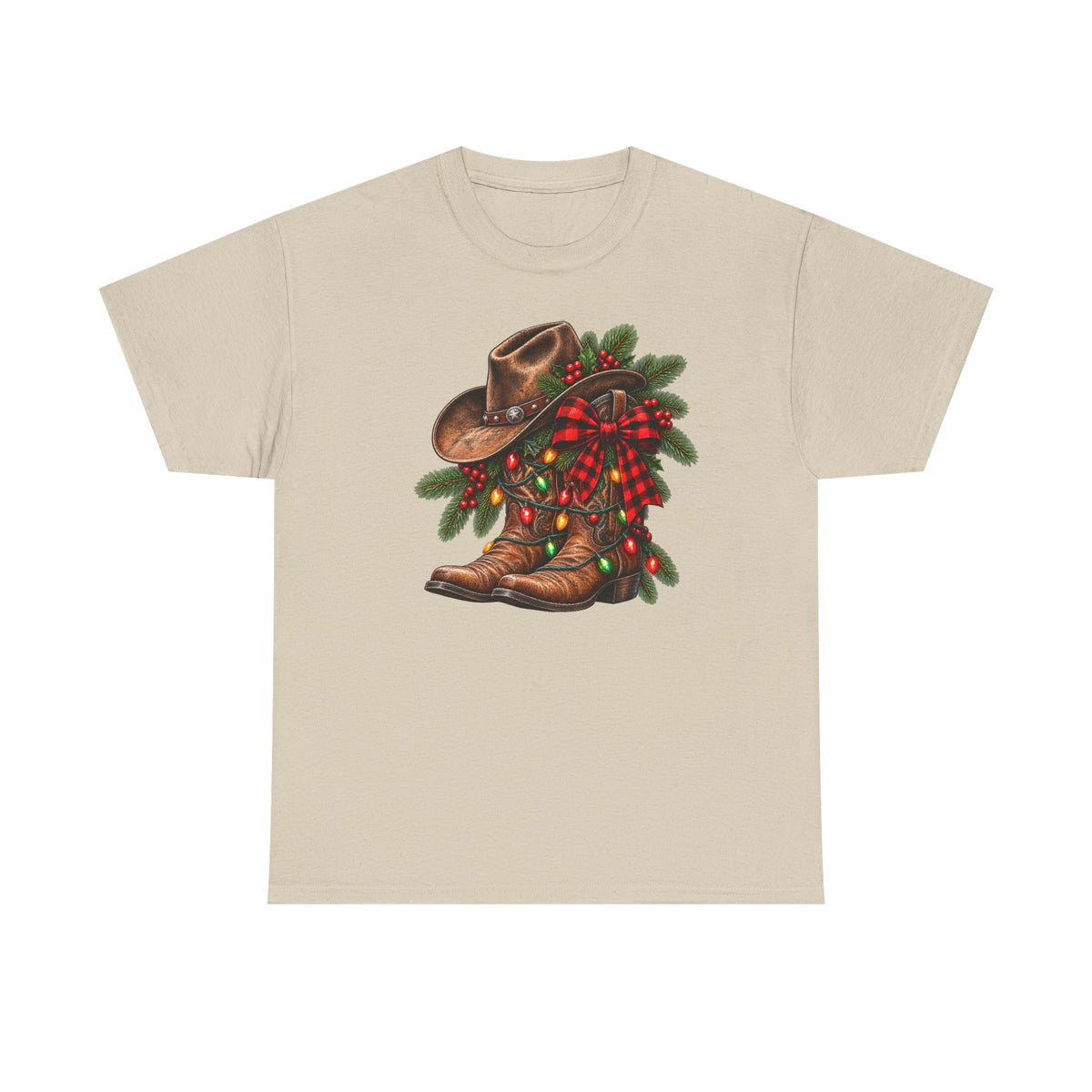 Western Christmas Tee — Cowboy Boot & Hat Holiday Design