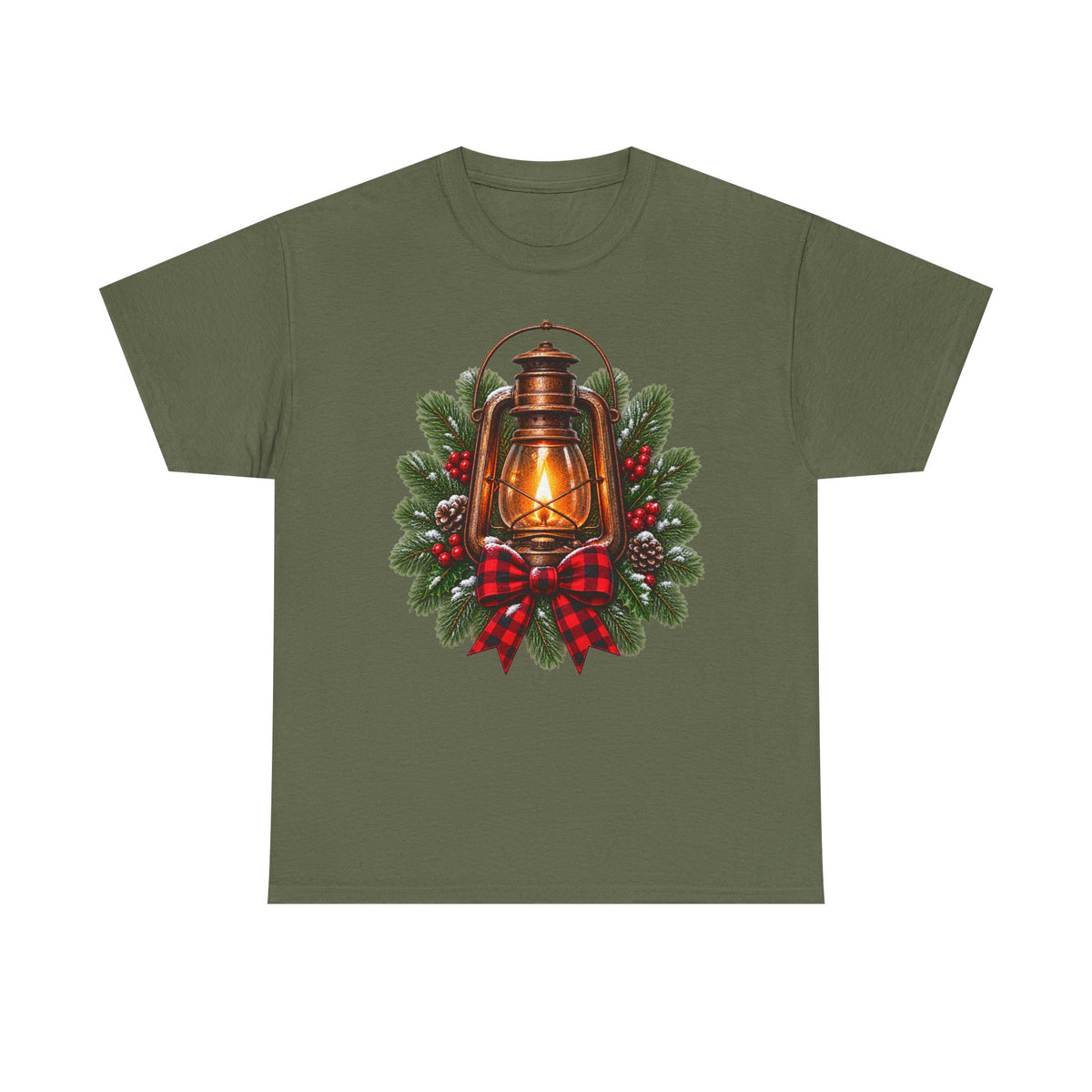 Lantern & Pine Wreath Tee — Rustic Christmas Holiday T-Shirt