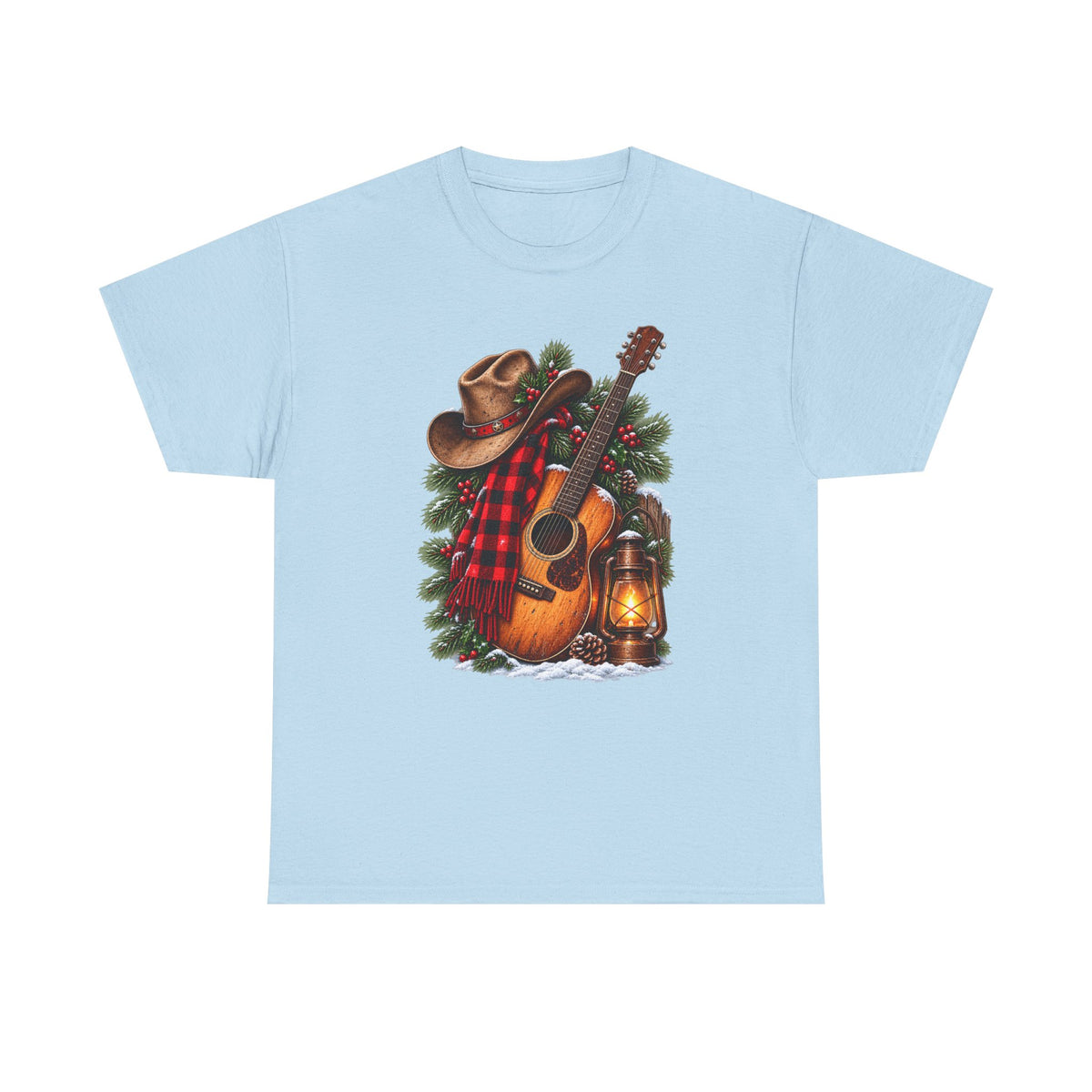 Country Christmas Guitar T‑Shirt — Cowboy Hat, Plaid & Lantern Holiday Tee