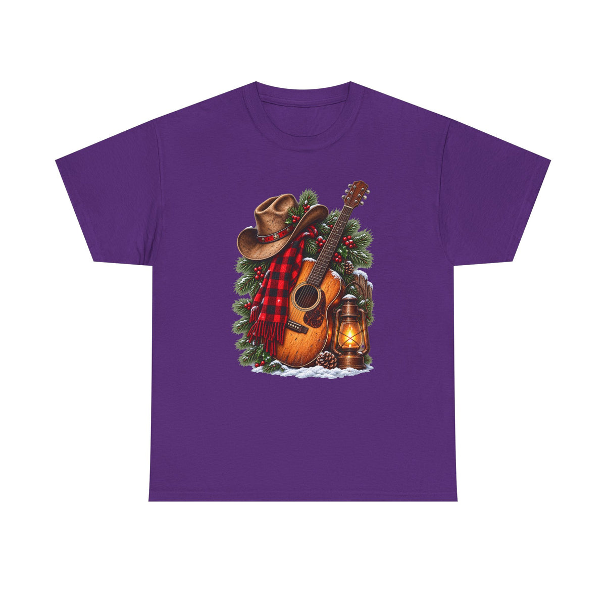 Country Christmas Guitar T‑Shirt — Cowboy Hat, Plaid & Lantern Holiday Tee