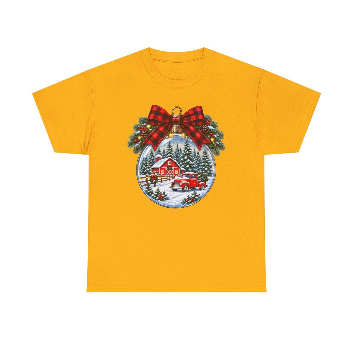 Christmas Ornament Scene T-Shirt — Vintage Red Truck & Snowy Cabin Holiday Tee