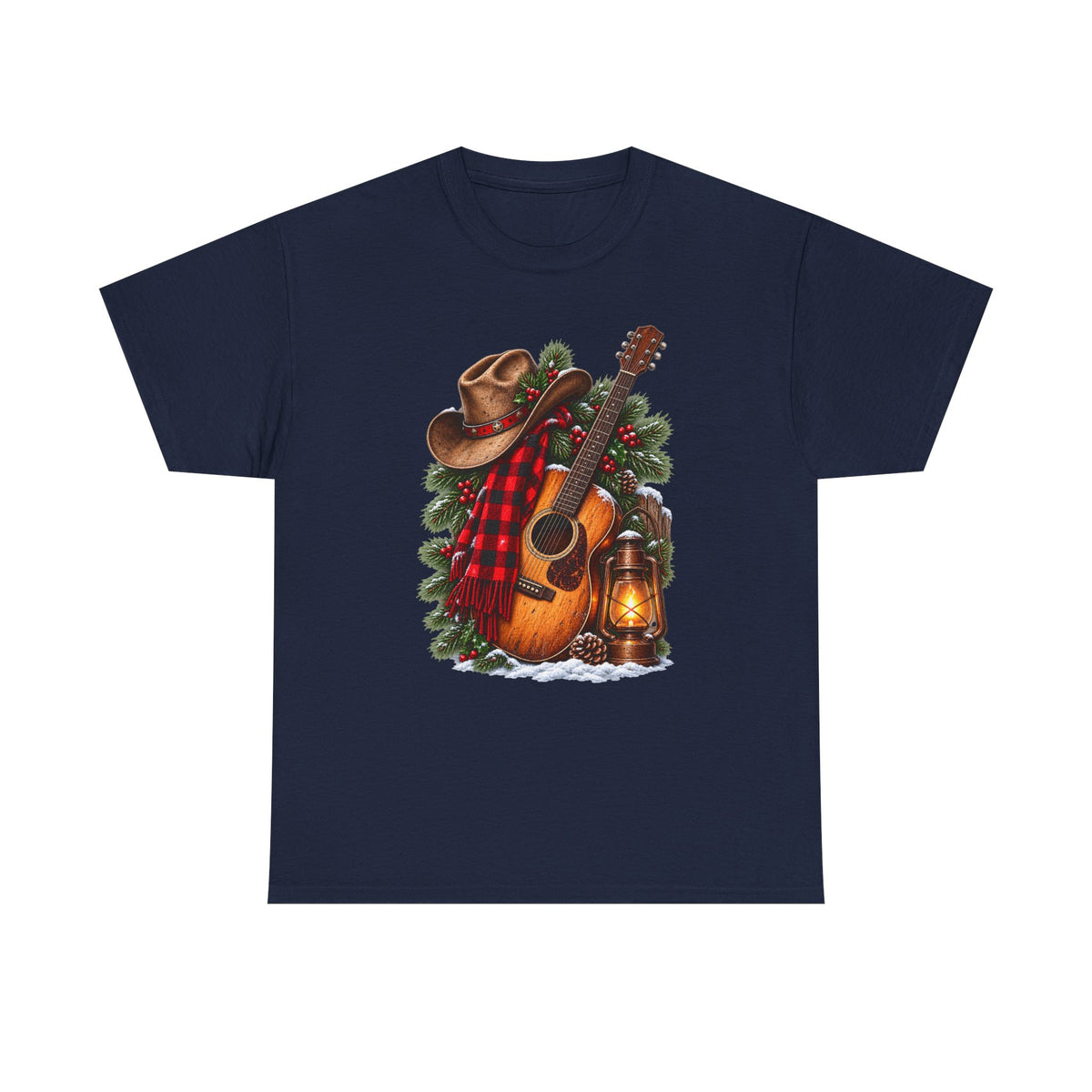 Country Christmas Guitar T‑Shirt — Cowboy Hat, Plaid & Lantern Holiday Tee