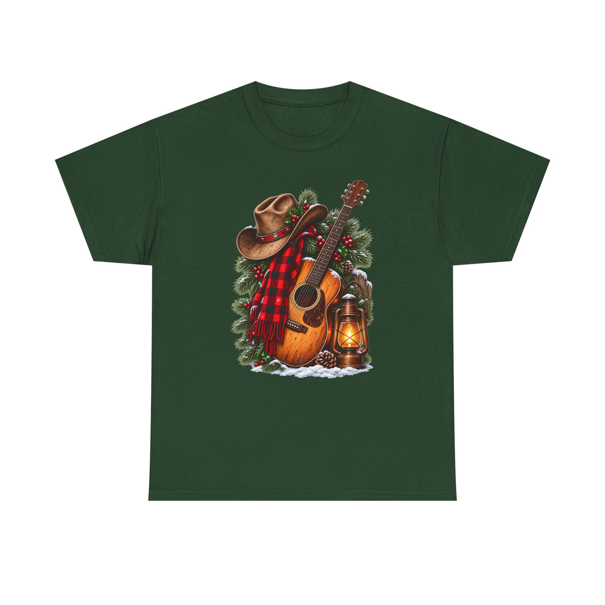 Country Christmas Guitar T‑Shirt — Cowboy Hat, Plaid & Lantern Holiday Tee