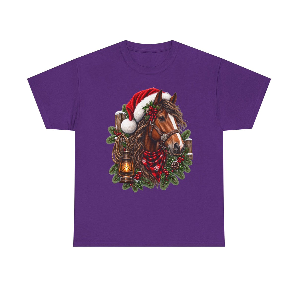 Christmas Horse T-Shirt — Holiday Santa Hat & Lantern Equestrian Tee