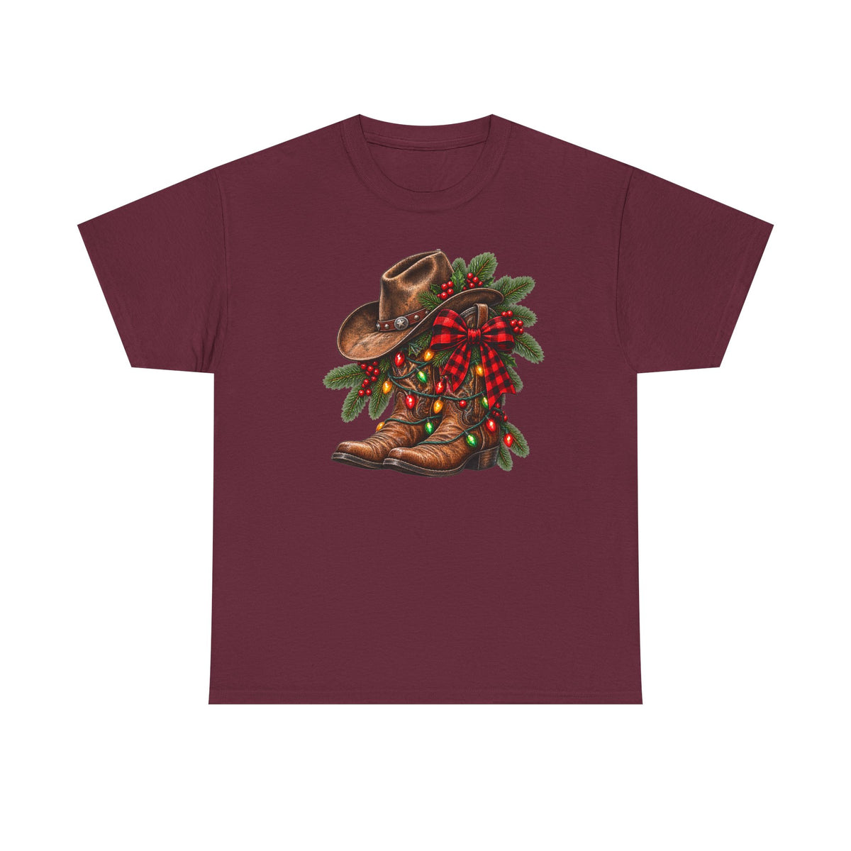 Western Christmas Tee — Cowboy Boot & Hat Holiday Design