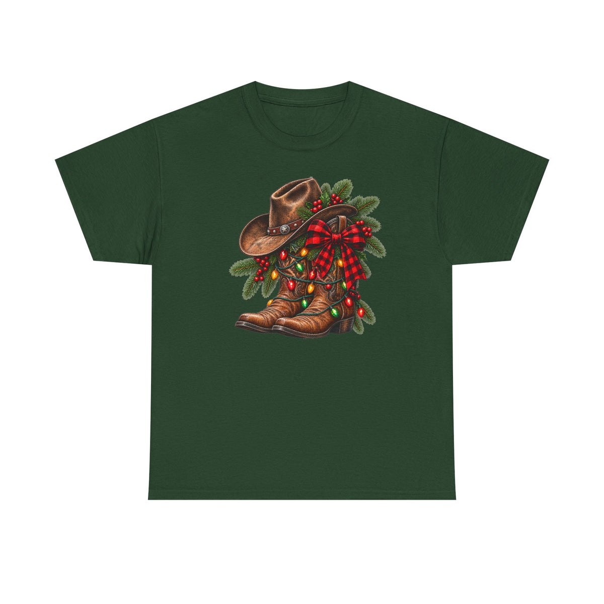 Western Christmas Tee — Cowboy Boot & Hat Holiday Design