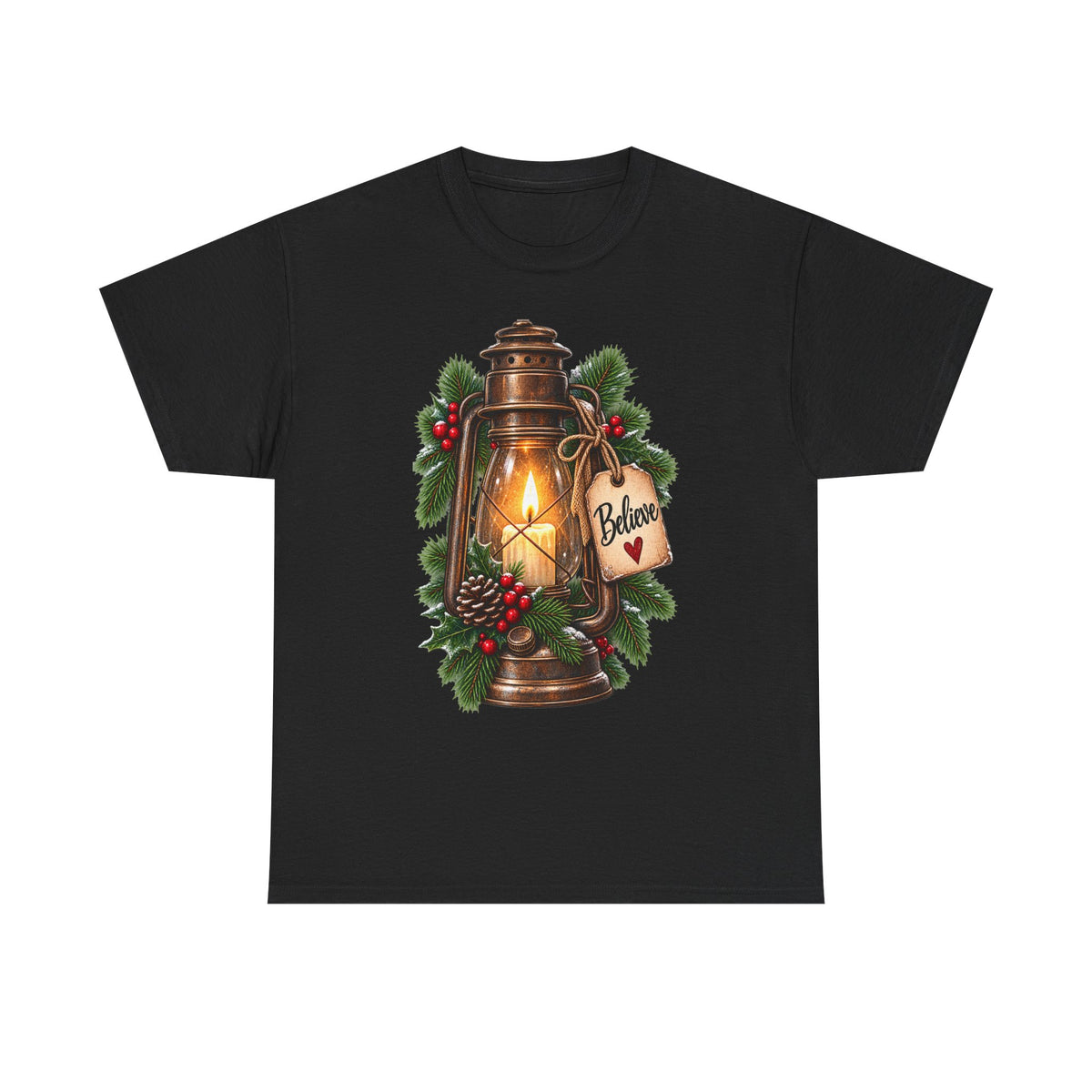 Lantern & Pine Christmas Tee — "Believe" Holiday T-Shirt