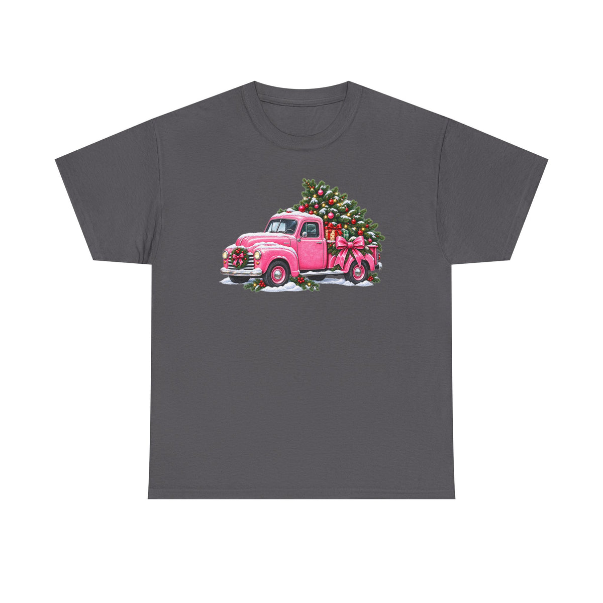 Vintage Pink Truck Christmas Tee — Retro Holiday Tree Shirt