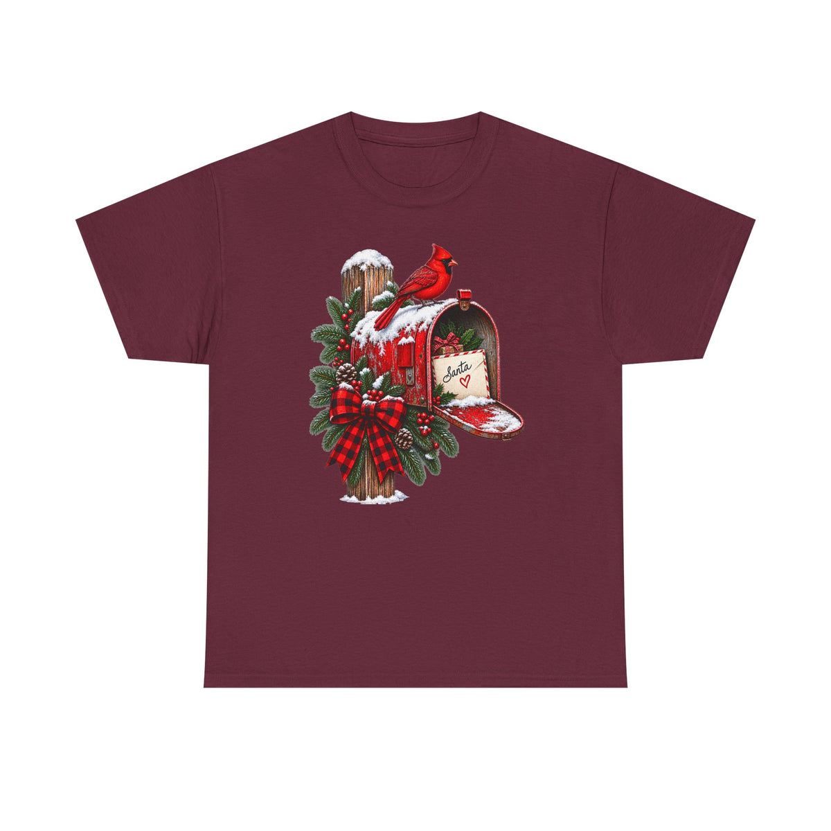 Christmas Cardinal Mailbox T-Shirt — Holiday Wreath & Red Cardinal Tee