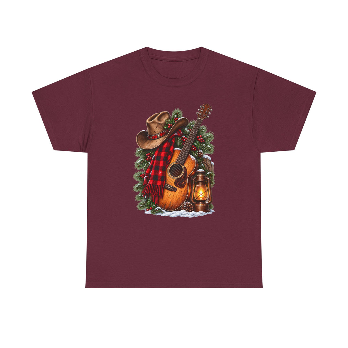 Country Christmas Guitar T‑Shirt — Cowboy Hat, Plaid & Lantern Holiday Tee