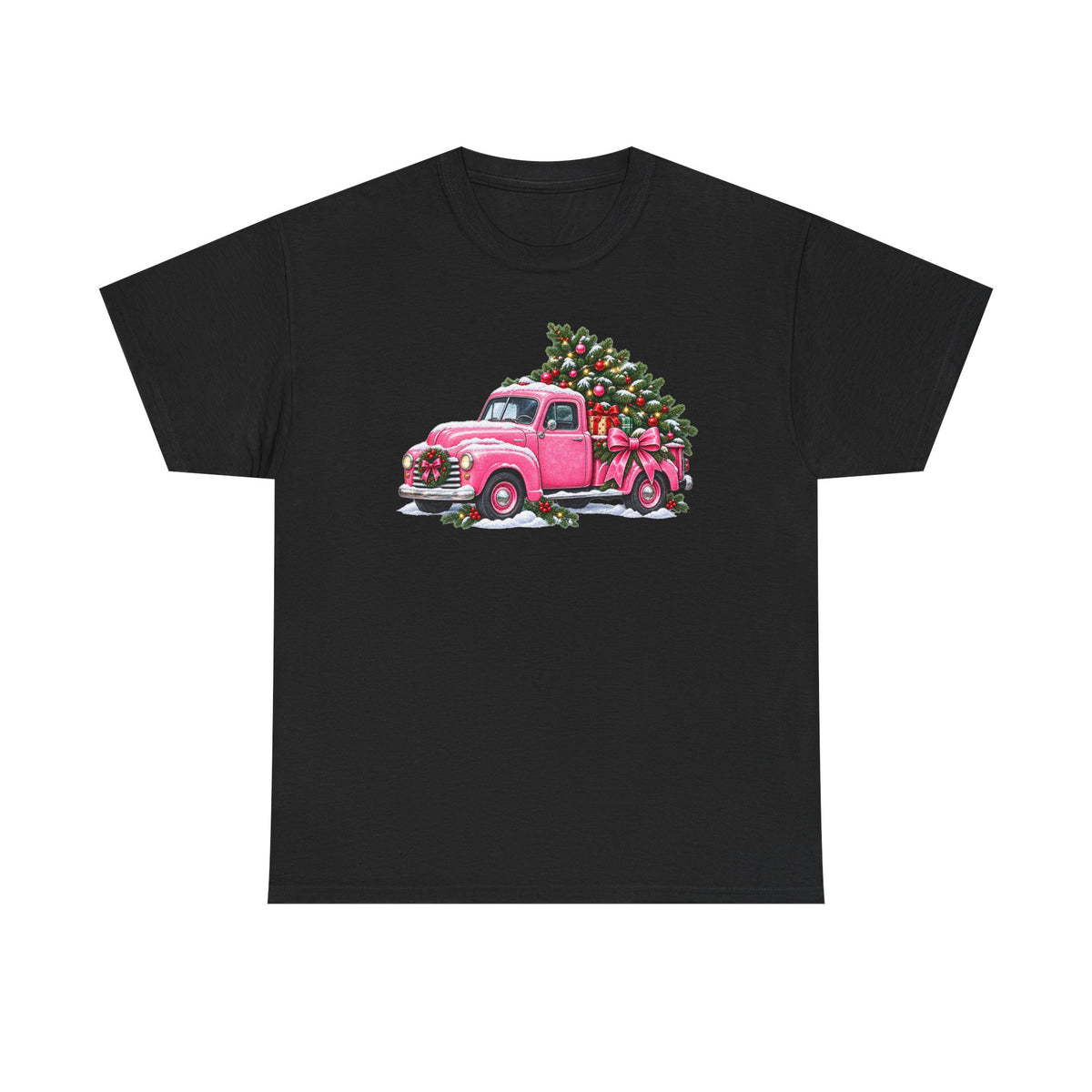 Vintage Pink Truck Christmas Tee — Retro Holiday Tree Shirt