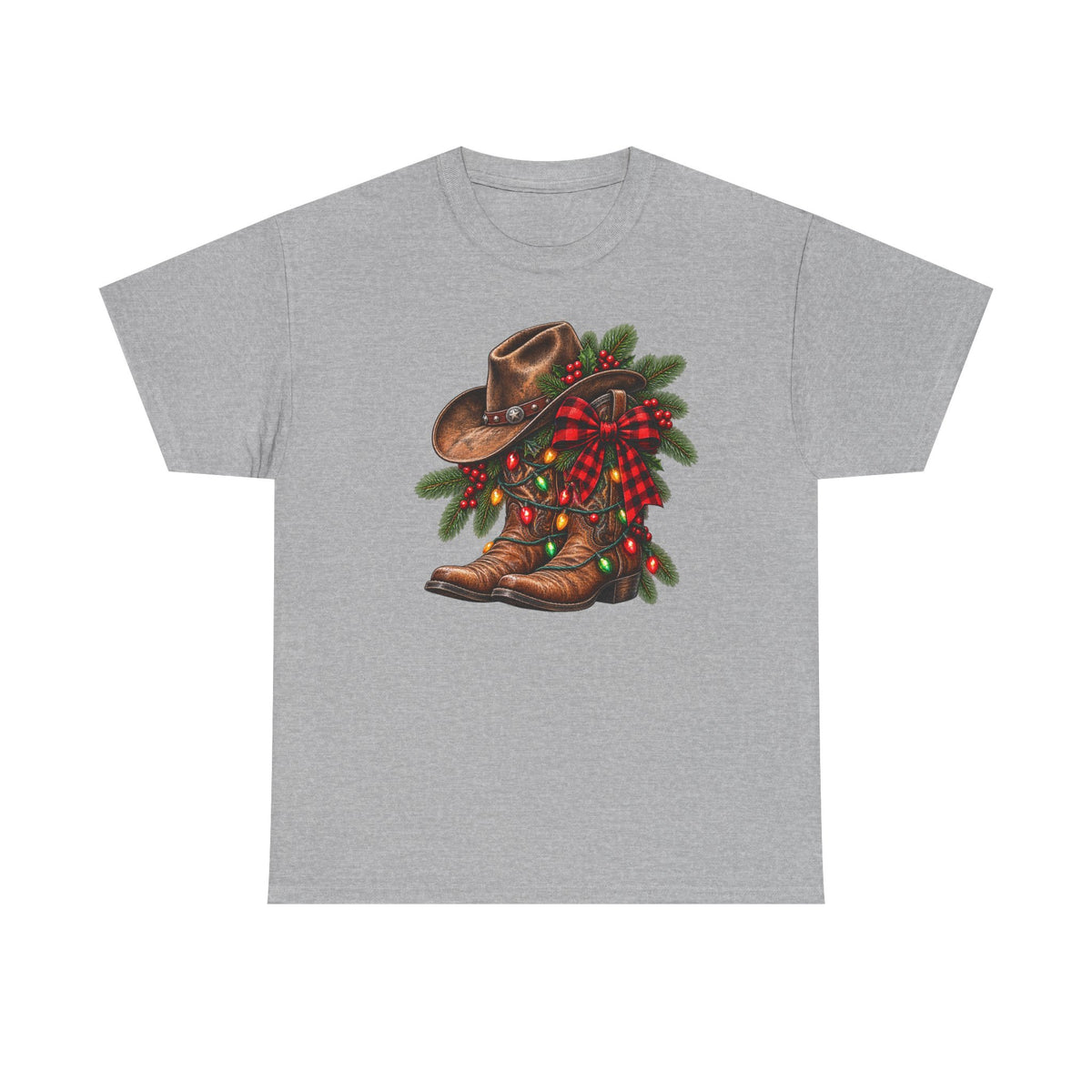Western Christmas Tee — Cowboy Boot & Hat Holiday Design